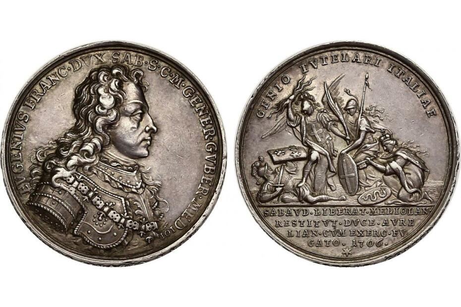 Ag-Medaille 1706 Eugen Franz Prinz von Savoyen Carignan (37mm, 20,6 gr.) "Ernennung Generalgouverneur v.Mailand" vz  